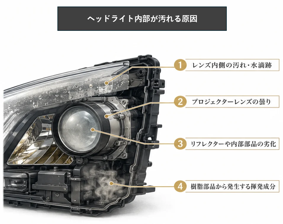 ヘッドライト内部が汚れる原因の図解。1 レンズ内側の汚れ・水滴跡、2 プロジェクターレンズの曇り、3 リフレクターや内部部品の劣化、4 樹脂部品から発生する揮発成分